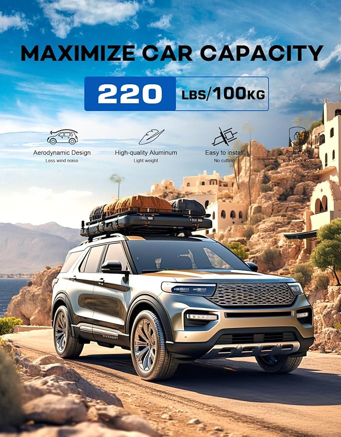 Lockable Roof Rack Cross Bars 220lbs Compatible with Ford Explorer 2020 2021 2022 2023 2024 2025 2026,Heavy Duty Aluminum Roof Rails Crossbars Black Rooftop Cargo Carrier Luggage