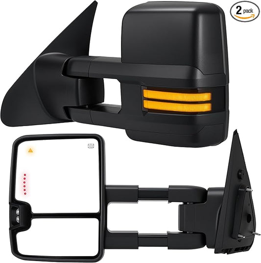 Tow Mirrors Compatible with 2007-2021 Tundra, 2008-2017 Sequoia, Extended Trailer Towing Side Mirrors with Blind Spot Monitoring, Sequential Switchback Turn Signal, Power Heated, Black