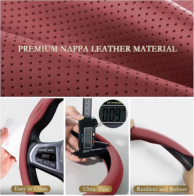 Aimato Nappa Leather Steering Wheel Cover, Ultra-Thin Car Steering Wheel Cover,Comfortable & Breathable Microfiber,Universal Fit for Most Cars,Wine Red