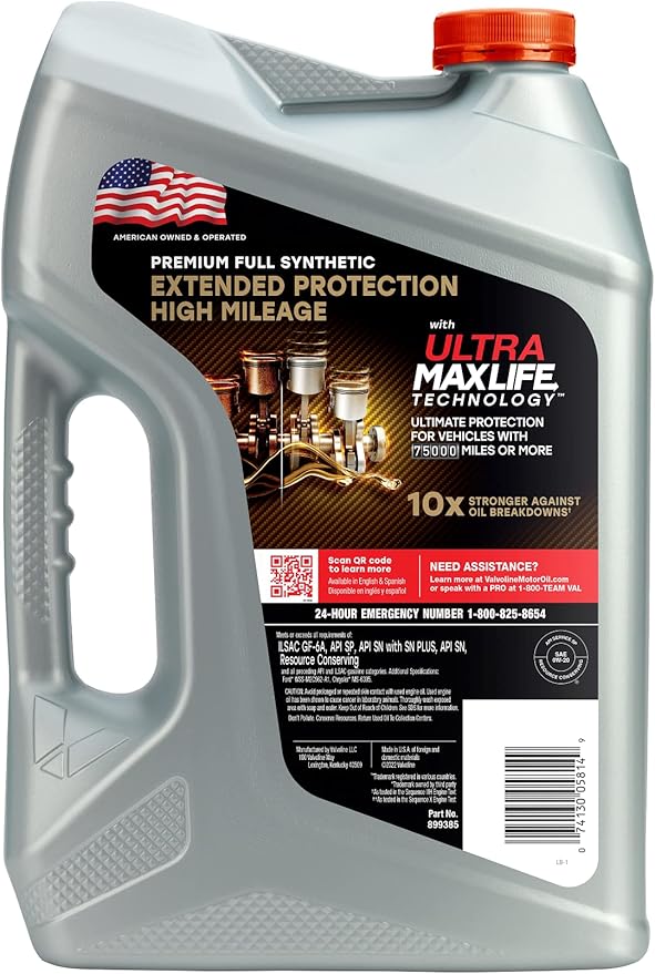 Valvoline Extended Protection High Mileage with Ultra MaxLife Technology 0W-20 Full Synthetic Motor Oil 5 QT (Pack of 2)
