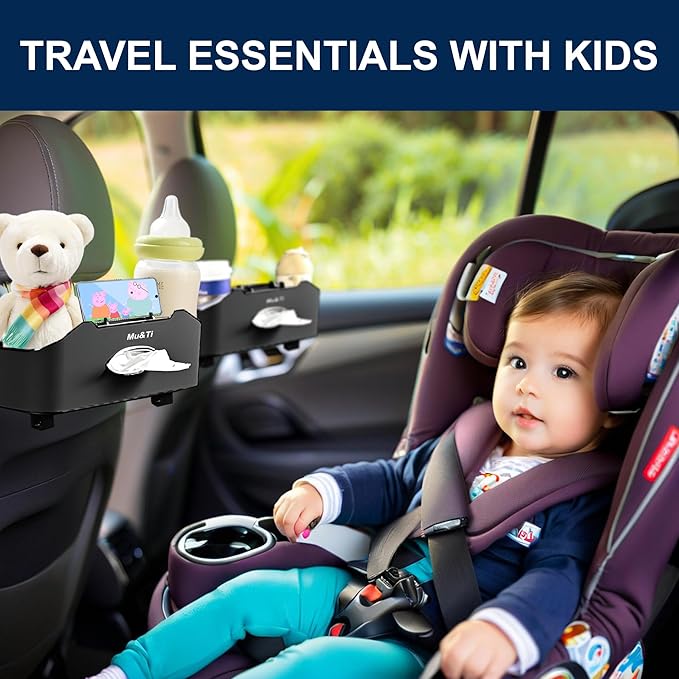 Mu&Ti Back Seat Car Organizer, Multifunctional Car Seat Back Storage Box with 2 Cup Holders, Tissue Box and Hook - Ideal for Kids and Travel (Black)