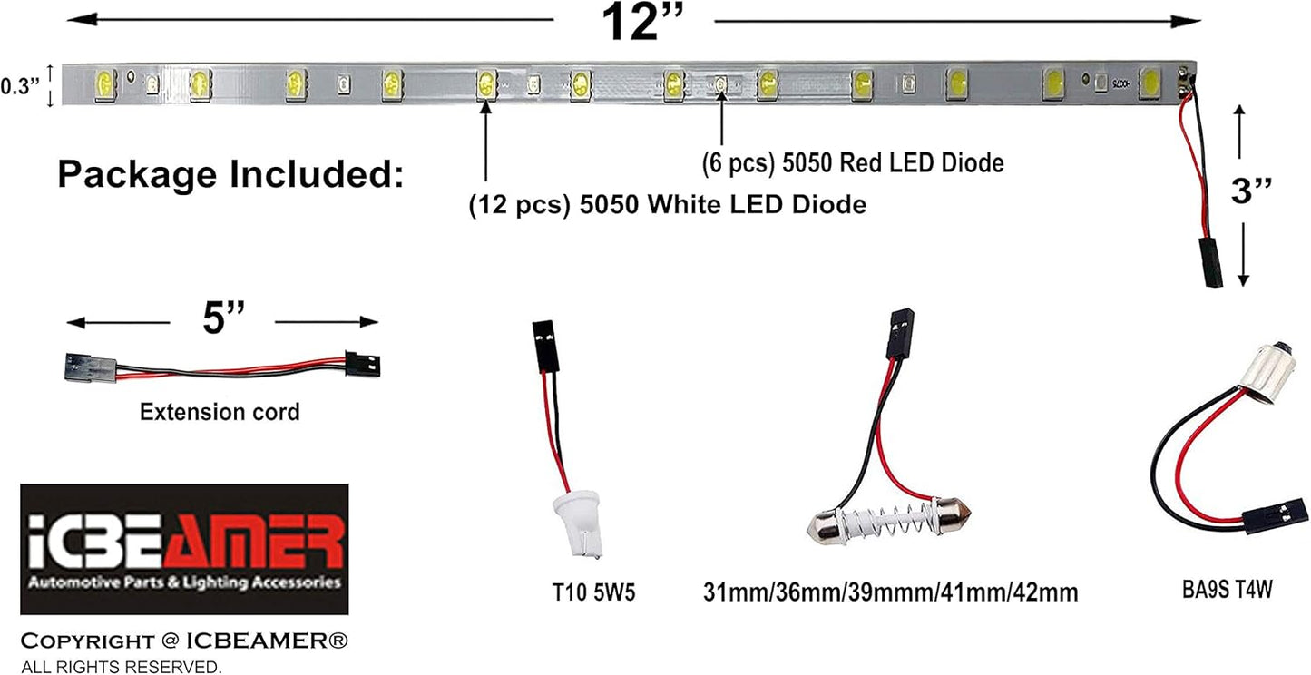 ICBEAMER 12" Red to White 18 SMDs 2835 LED Strip Light Universal Fit Car Trunk Cargo Area or Interior Illumination