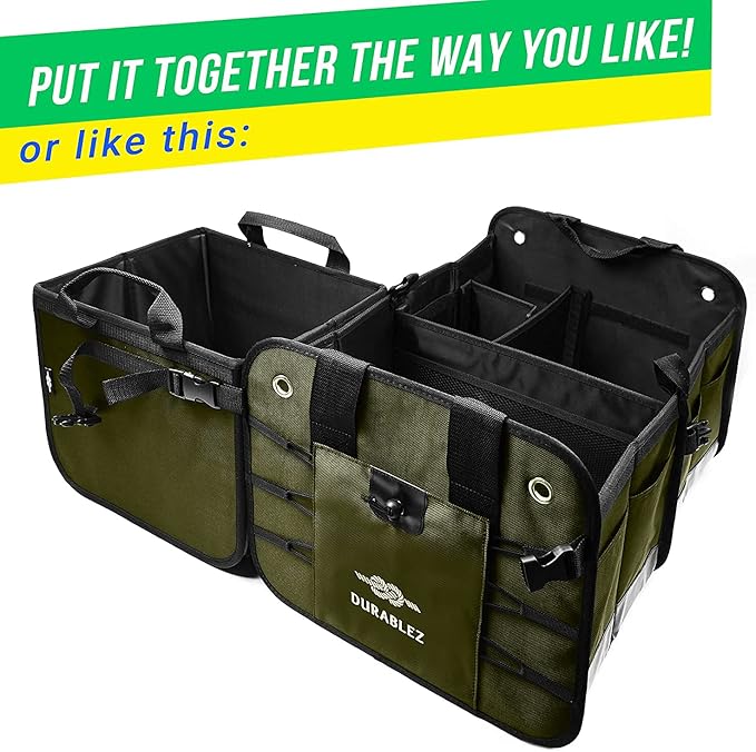 Large Car Trunk Organizer for SUV - Trunk Storage - Modular Configurable Detachable Collapsible - Minivan Truck Sedan Van - 3 Compartment XL, Green