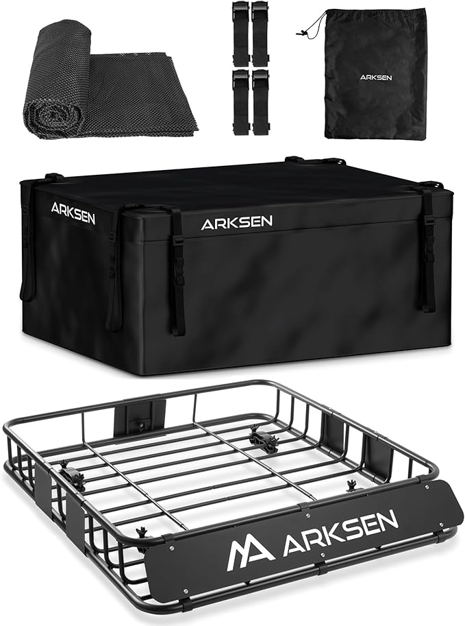 ARKSEN 43 x 39 x 6 Inch Universal 150LB Heavy Duty Roof Rack Cargo with 500D PVC Waterproof Cargo Bag, Car Top Luggage Holder Carrier Basket with Extension for SUV, Truck, & Car Steel Construction