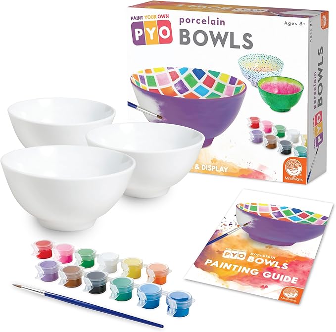 MindWare Paint Your Own Porcelain Bowls for Kids - DIY Craft Kit Makes 3 Bowls, Includes Paint and Brush