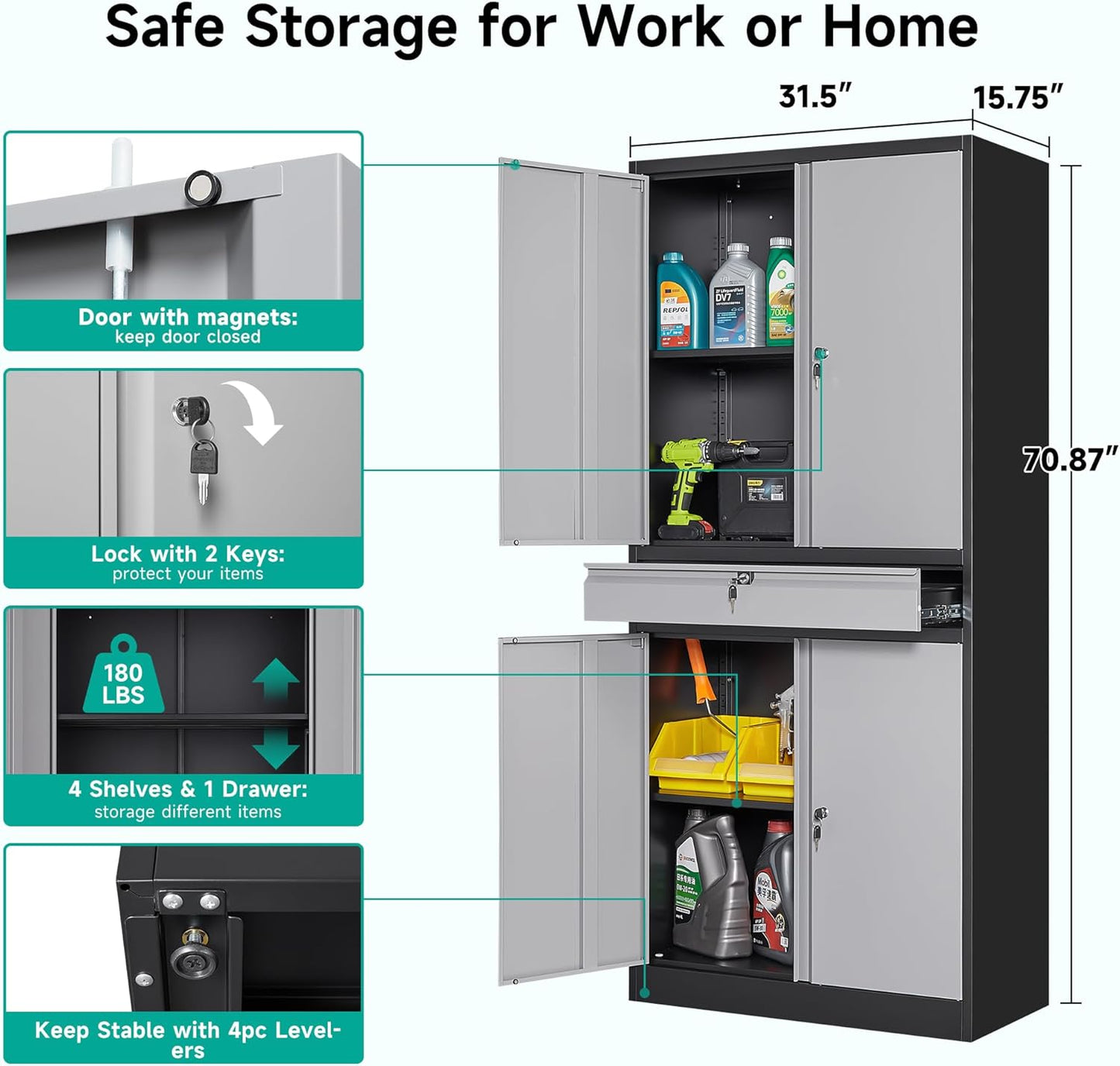 Metal Garage Storage Cabinet with Doors and Shelves, Lock, Drawer - 71" Lockable Steel Cabinet for Home, Office