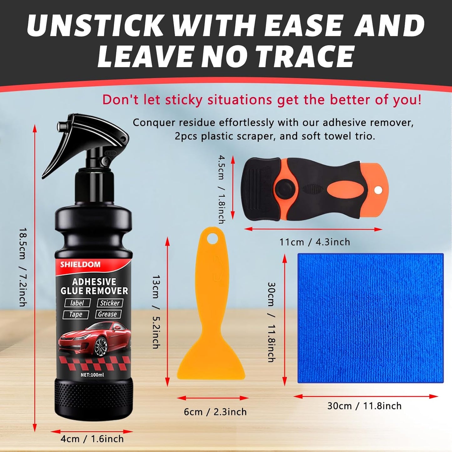 Adhesive Remover, Dissolve & Soften Adhesives on Car Glass & Paint, Easily Remove Glue Sticker Labels Decals Tape Residue, Portable Spray Removal Set with Scraper, Spatula, Towel -3.4oz/100ml