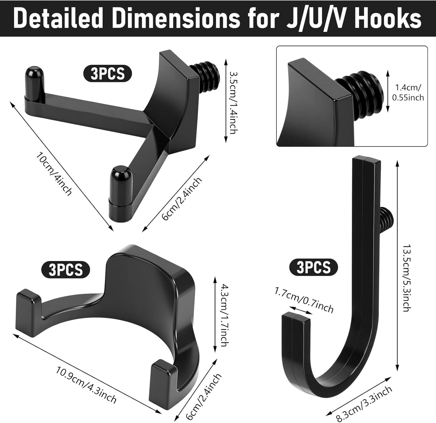 9 Pcs Storage Shed Tool Hooks Heavy Duty ABS Wall Mount Garage Hooks Set with Black J U V Shapes Tool Hangers Accessories for Shed Shelves Racks Ladders Garden Equipment Storage Organizer