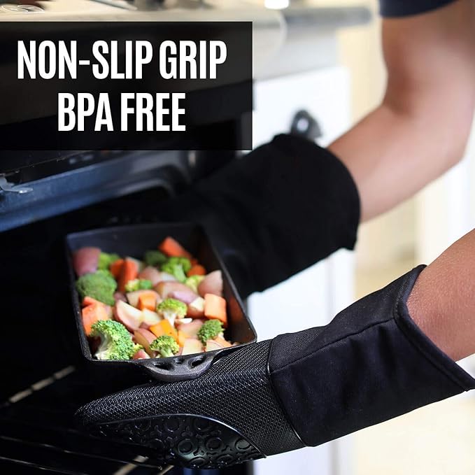 HOMWE Silicone Oven Mitts and Pot Holders, 4-Piece Set, Heavy Duty Cooking Gloves, Kitchen Counter Safe Trivet Mats, Advanced Heat Resistance, Non-Slip Textured Grip (Yellow)