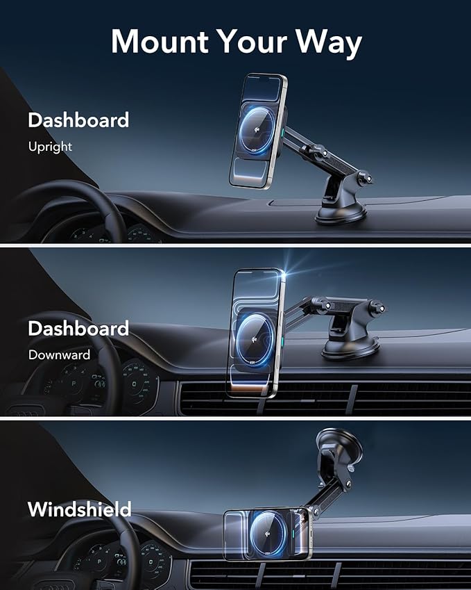 ESR for Qi2 15W MagSafe Car Mount Charger, for MagSafe Car Charger, Suction Cup Magnetic Wireless Car Charging, Dashboard Car Phone Mount for iPhone 17/16/15/14/13/12, S25, Pixel 10, Fast Charging