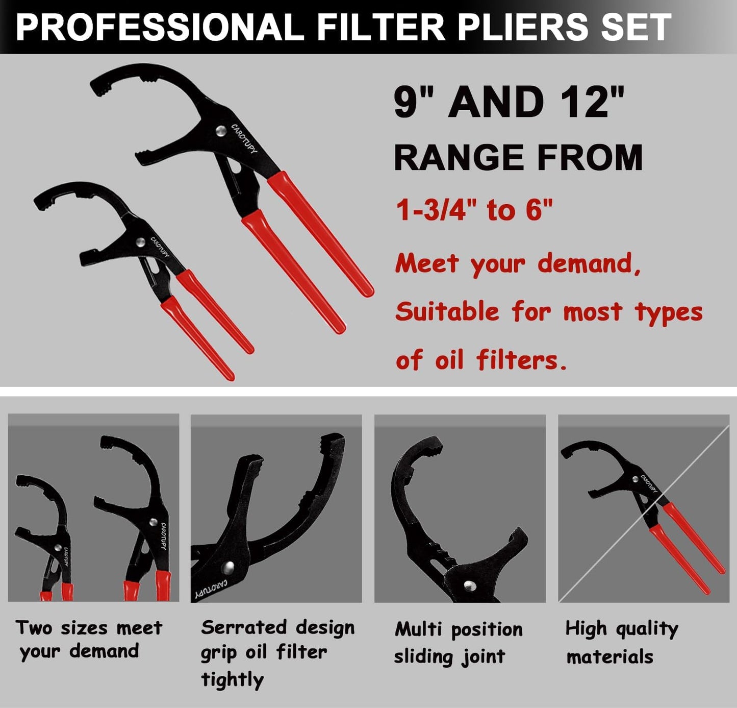 9pcs Oil Filter Wrench Set, 9" and 12" Oil Filter Pliers with Oil Snap Funnel for Automotive Oil Change, Adjustable Oil Filter Removal Tool From 1-3/4" to 6"