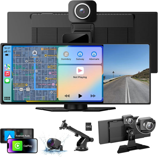 10.26" HD Wireless Android & Carplay Screen for Car, Portable Touchscreen Car Stereo with 4K Dash Cam, 1080P Backup Camera, Bluetooth, AUX/FM, Siri, Mirror Link, GPS Navigation