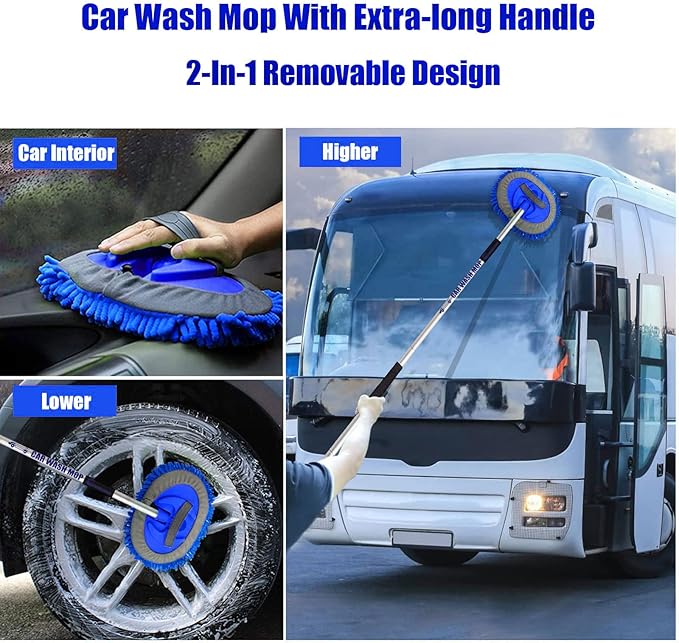 62" Car Wash Brush Mop Kit with Long Handle, 2 in 1 Chenille Microfiber Sponge Mitt Cleaning Detailing Duster for Washing Cars Truck SUV RV Caravans and Household(2 x Mop Head) (Blue)