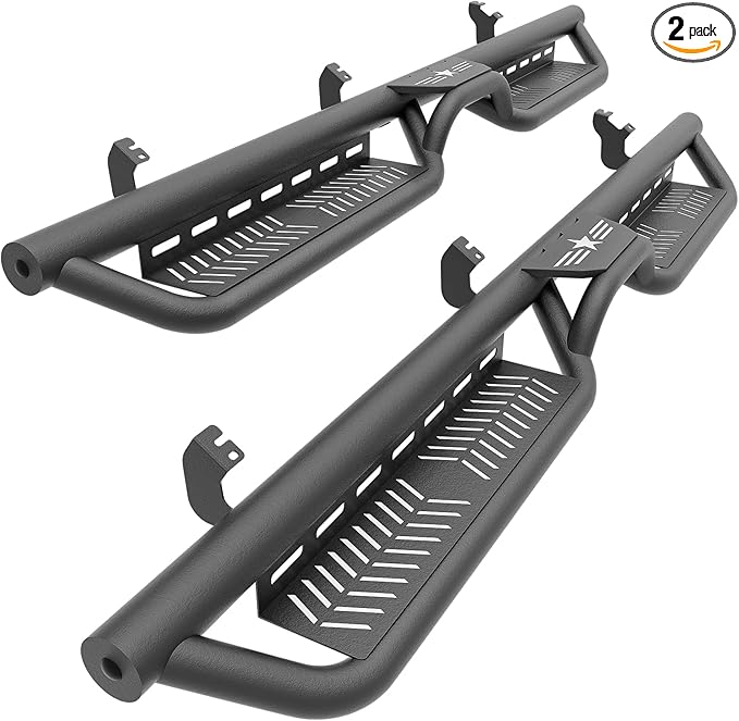 Double Cab Running Boards Side Steps Compatible with 2022 2023 2024 2025 Toyota Tundra Extended Cab, Bolt-on Nerf Bar Step Bars, Two Stairs Design (Black Steel, Star Logo)