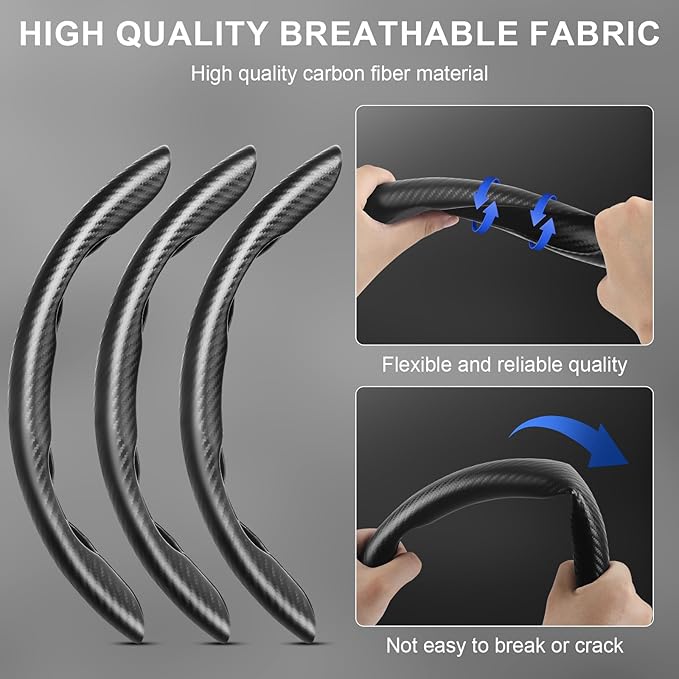 Carbon Fiber Steering Wheel Cover, Universal Fit for 14-16 Inch Wheel, Non-Slip Leather Wrap with Easy Snap-On Installation, Sweatproof & Heat-Resistant for Car Truck SUV, Black