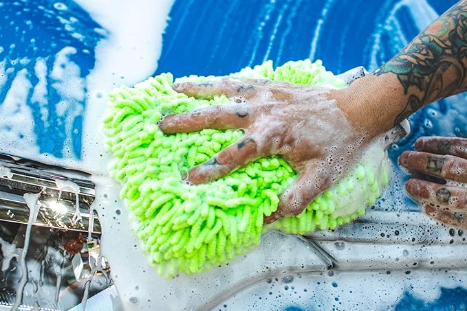 The Rag Company - Premium Chenille Microfiber Knobby Wash Mitts - Perfect for Car Washing and Detailing; Scratch-Free, Lint-Free, Double-Sided, Plush, and Absorbent; Lime Green + Blue (2-Pack)