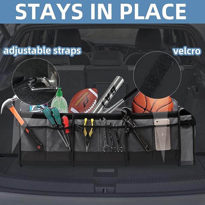 Large Trunk Organizer with Removable Cooler Bag-Collapsible Durable Multi Compartments w/ Foldable Cover, Non Slip Bottom Cargo Storage Suitable for Any Car, SUV, Truck, or Van(3 compartments,Gray）