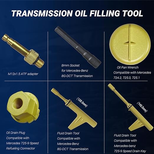 6 Piece 9-Speed Transmission Oil Filling & Draining Tool Compatible with Mercedes-Benz 725.0 9G-Tronic 8-Speed 9-Speed Gearboxes, Metal Transmission Fluid Change Kit with M12x1.5 ATF Adapter