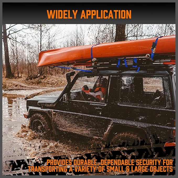 HORUSDY Ratchet Straps, 2,200 LB Break Strength, 4-Pack 15FT Ratchet Tie Down Straps Set for Motorcycle Straps Tie Downs, Appliances, Lawn Equipment, Cargo Straps for Trucks. (Blue)