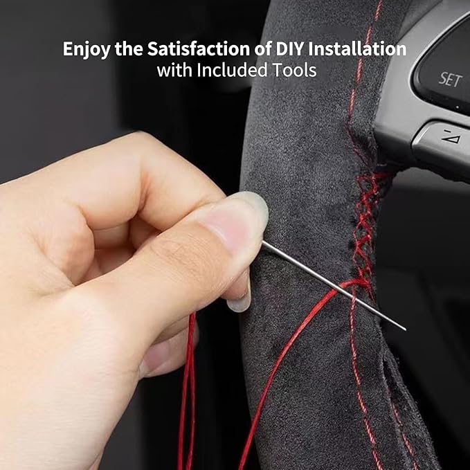 Suede Leather Steering Wheel Cover - DIY Stitch-On Wrap with Needle & Thread (Multiple Thread Colors), Breathable Cowhide, Non-Slip Grip, Fits 18-19 Inch, Comfortable & Durable for Year-Round Use