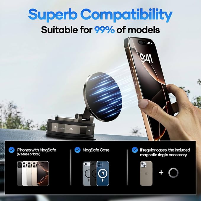 Magnetic Car Phone Holder for Magsafe, 360° Rotatable, 70+LBS Vacuum Suction Cup with Built-in Nano Gel, 3000gf Magnetic Phone Mount for Car, Compatible with Most Phones (Black, 2 Pack)