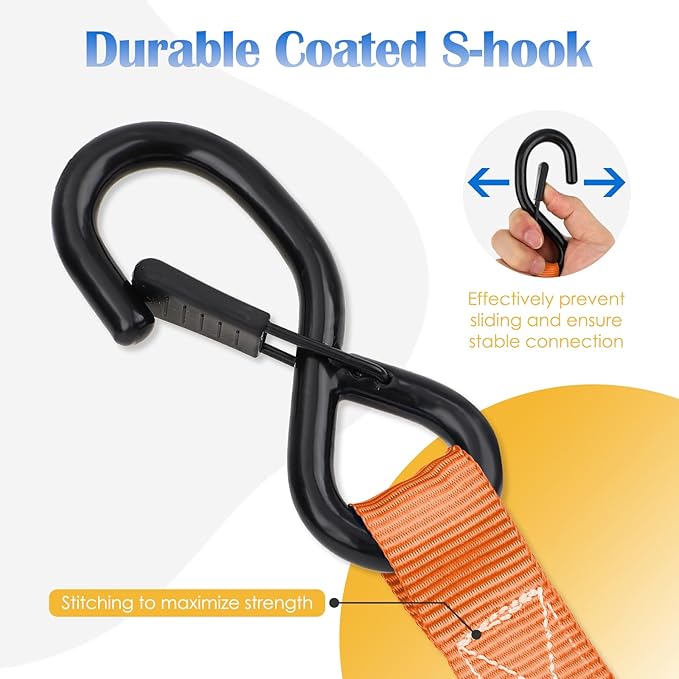 Ratchet Straps 4 Pack - 1,826 Lbs Break Strength 1 in x 15 Ft Medium Duty Ratchet Tie Down Straps with S Hooks Set for Truck, Cargo Van, Trailer, Motorcycle (Orange)