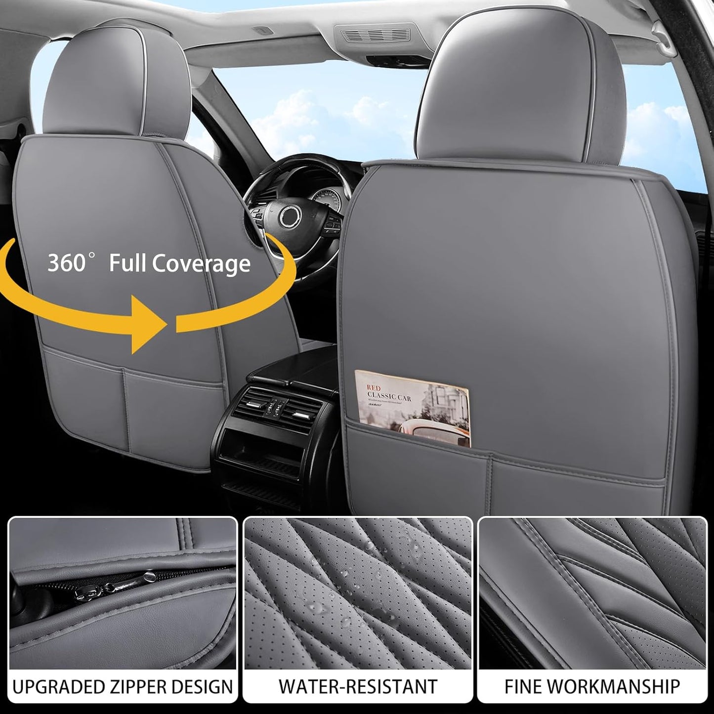 WELLDO Car Seat Covers Front Seats, Leather Seat Covers for Cars, Front Car Seat Protector Waterproof, Non-Slip Car Interior Covers Universal Automotive Seat Covers for Most Vehicle, Gray