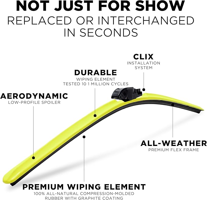 Clix Wipers - Jeep Wrangler & Gladiator (16"/16") Yellow Windshield Wiper Blades (All Wrangler & Gladiator Models), All-Weather Replacement Wipers-Set of 2, Includes Quick Connect Clips (1997-2025)