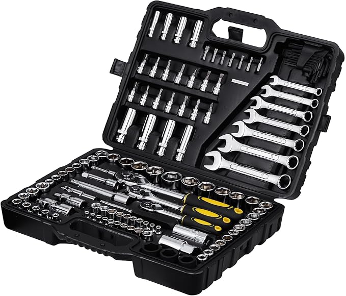 VEVOR 121-Piece Mechanics Tool Set - 1/4" 3/8" 1/2" Drive Sockets - SAE and Metric Mechanic Tool Kit with Bits - Ratchet Handle, Wrenches, Accessories, and Plastic Storage Case for Automotive Repair