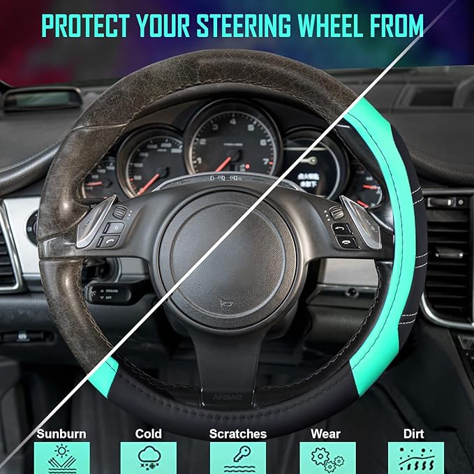 CAR PASS Line Rider Microfiber Leather Sporty Steering Wheel Cover Universal Fits for 95% Truck,SUV,Cars, 14.5-15 inch Anti-Slip Safety Comfortable Design (Black Mint Blue)