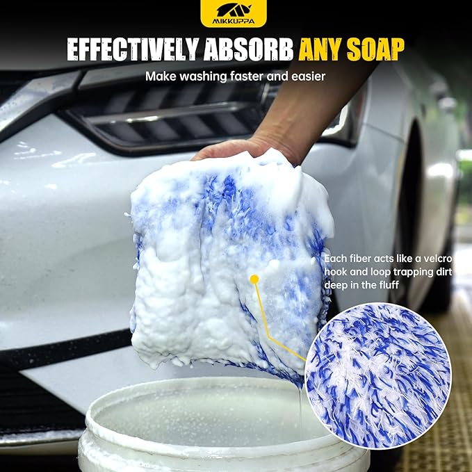 MIKKUPPA Microfiber Car Wash Mitt - Double-Sided Ultra Absorbent Scratch Free Premium Blend Glove for Car Washing Home Cleaning (Blue & Black, 8Pack, 11'' x 8'')