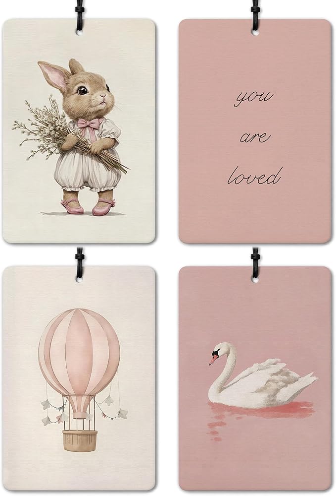 Pink Girly Car Air Freshener 4 Pcs, Cute Bunny Hot Air Balloon Swan You Are Loved Hanging Air Freshener for Cars Closet Drawer Books, Pink Cute Car Accessories for Women Girls