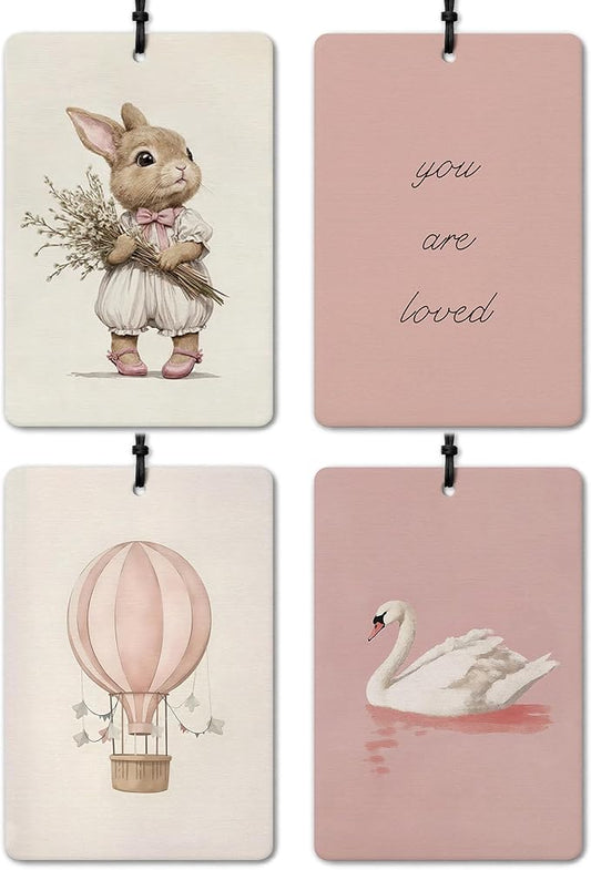 Pink Girly Car Air Freshener 4 Pcs, Cute Bunny Hot Air Balloon Swan You Are Loved Hanging Air Freshener for Cars Closet Drawer Books, Pink Cute Car Accessories for Women Girls