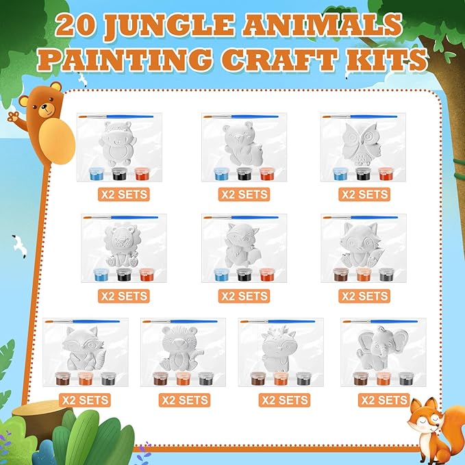 Simgoing 20 Set Dinosaur Unicorn Mermaid Donut Jungle Animal DIY Painting Kit Pumpkin Snowman Ceramic Paint Your Own Figurines Unpainted Plaster Craft for Party Favor(Jungle Animals)