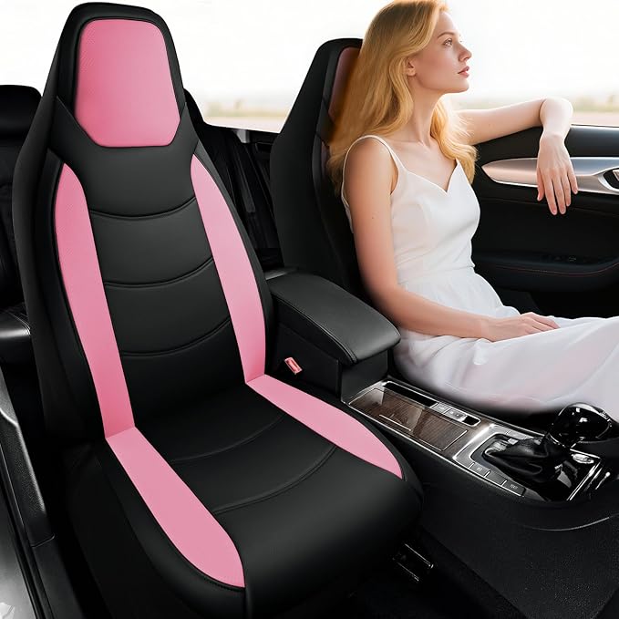 Road Comforts Car Seat Cover, Leather Seat Cover Full Set, Automotive Interior Seat Covers, Universal Fit for Most Cars, SUVs, Trucks, and Vans, Airbag Compatible (Pink)