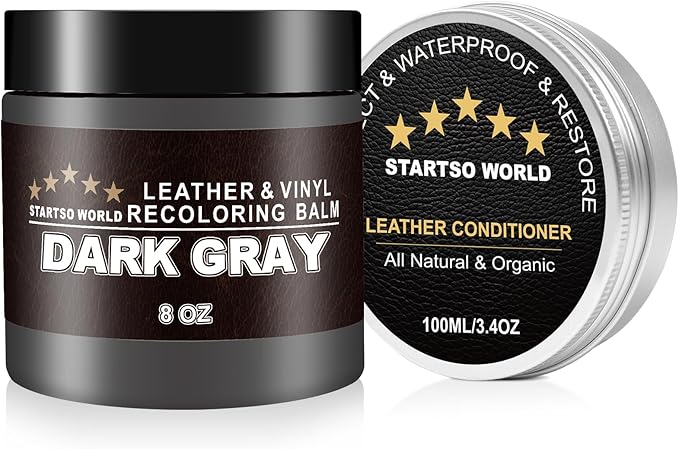 STARTSO WORLD 200Ml Leather Recoloring Balm with 100ML Leather Conditioner,Dark Gray Leather Repair Kit for Furniture, Leather Dye, Leather Scratch Repair, Leather Couch Paint