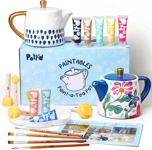 Pott’d Paintables Paint-a-Teapot Kit, DIY Pottery Painting Kit for Adults with Teapot, Paints, Brushes, Sponges, Palette and Guide, Craft Kit for Beginners, Ideal for Tea Lovers and Handmade Gifts