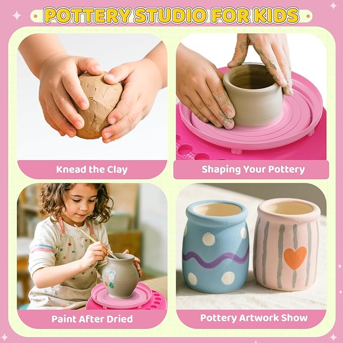 Pottery Wheel for Kids– Complete DIY Pottery Painting Kit for Ages 8-12 Beginners with 4 Air-Dry Clay Packs and Tools, Arts & Crafts Supplies Toys Birthday Gift for Boys Girls 6+ Years Old (Pink)