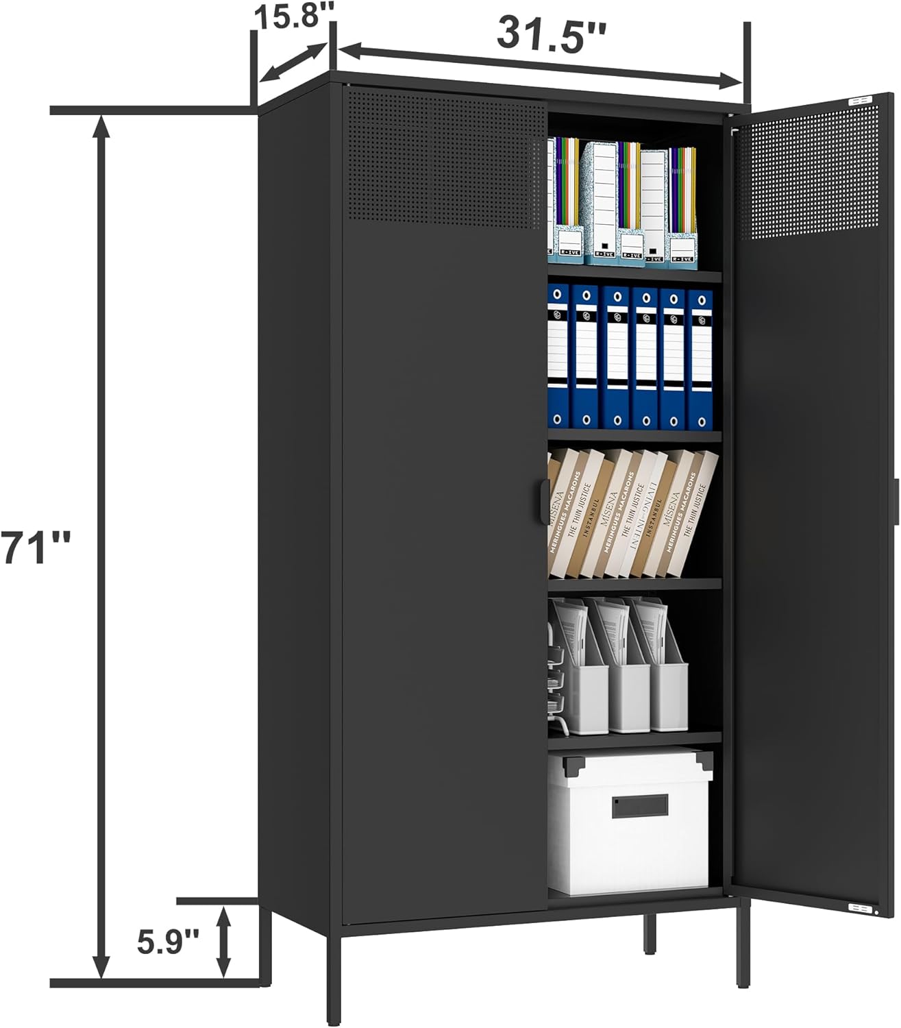 Metal Storage Cabinets with 4 Adjustable Shelves，Black Metal File Cabinet, 71'' Steel Storage for Home & Office, School,Kitchen Pantry,Tool Cabinet，Garage, Black