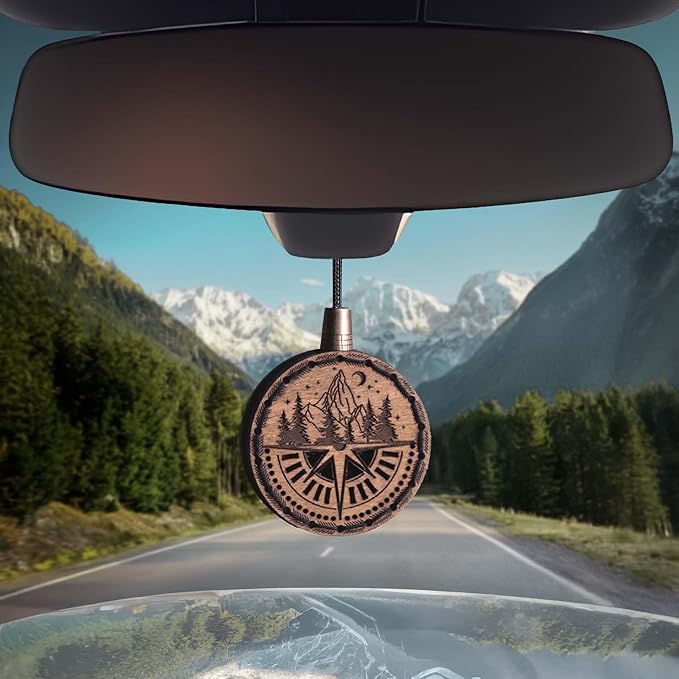 Wood Car Air Freshener — Handmade Car Air Freshener — Compass Mountains Designed Fragrance Oil Diffuser in Wooden Gift Box — Aromatherapy Set with Mountain Rain Fragrance Oil - 10 ml