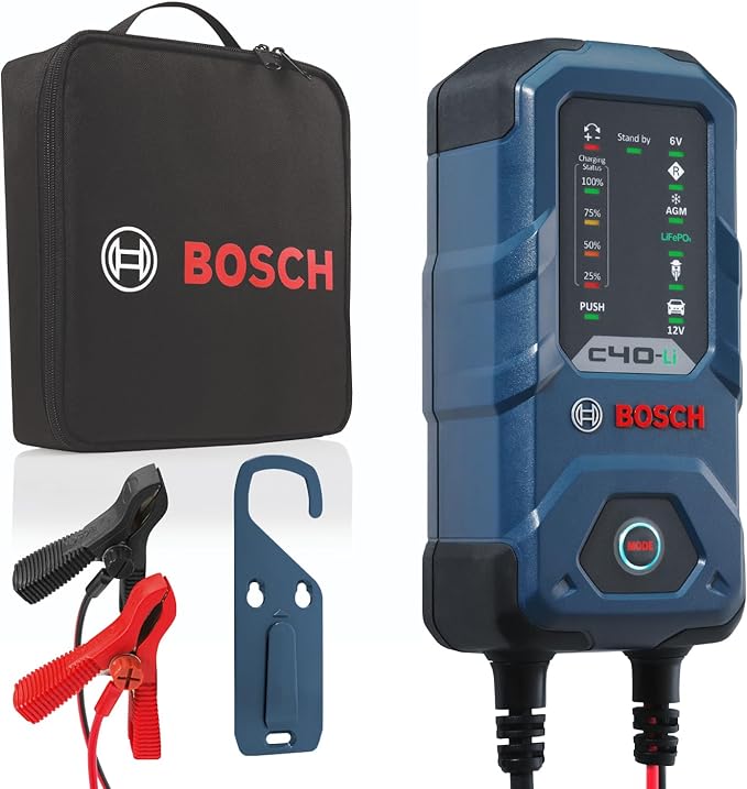 Bosch C40-Li: 5A 6V/12V Next-Gen Battery Charger – Smart Maintenance & Trickle Functionality with Advanced Safety Features – for Lead-Acid & Lithium Batteries, Including AGM, EFB, Gel & SLI