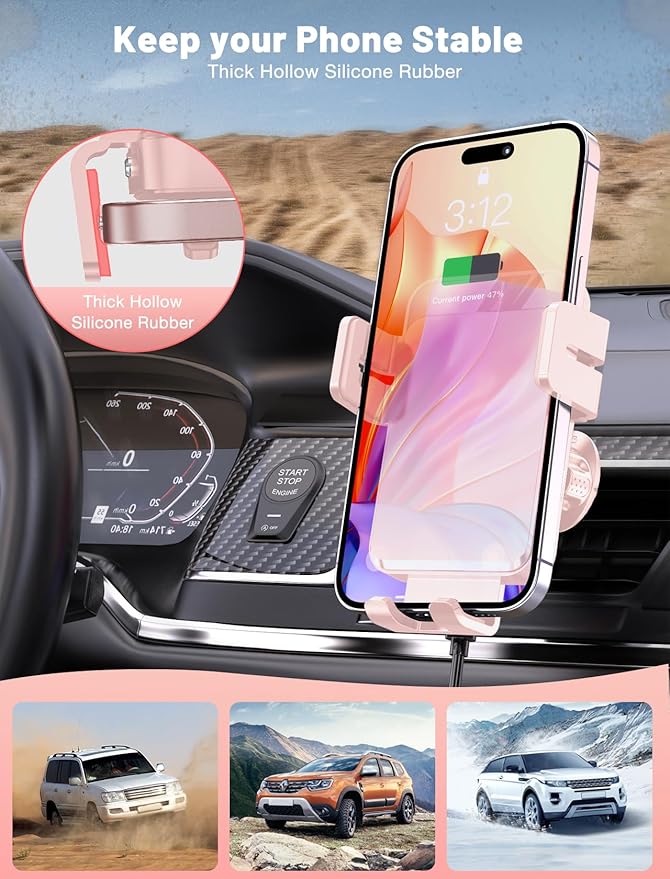 Wireless Car Charger, MOKPR Auto-Clamping Car Mount 15W/10W/7.5W Fast Charging Air Vent Car Phone Mount Compatible with iPhone 15/14/13/13 Pro/12 Pro Max/12 pro/12/11/10 Series, Samsung Galaxy Pink