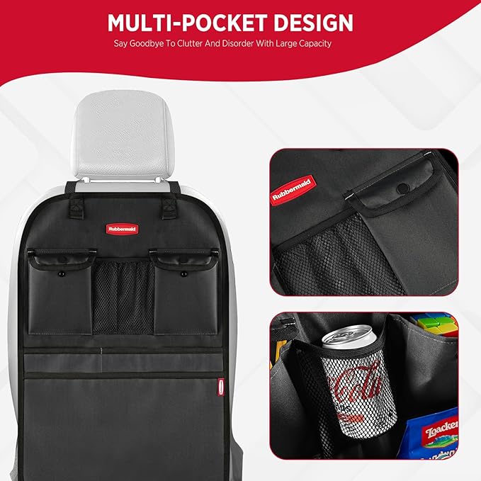 Rubbermaid Backseat Car Organizer, Kick Mats and Seat Back Protector, Car Organizer for Kids with 6 Storage Pockets, Travel Essentials for SUV, Truck, Car - 2 packs Black