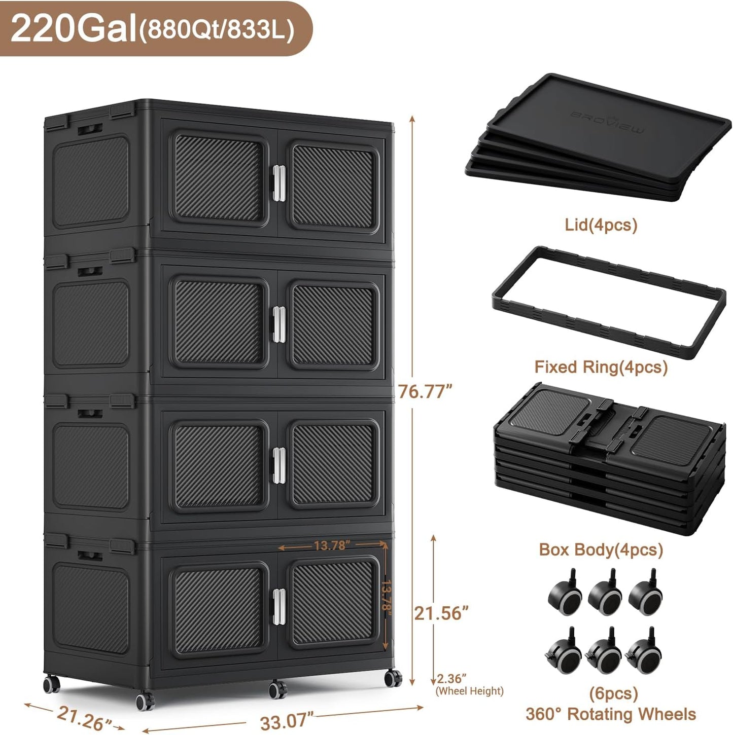 880 Qt Stackable Storage Bin with Lid, 220Gal Extra Large Collapsible Storage Boxes, Folding Plastic Drawer, Heavy-Duty Store Cabinet, Closet Organizer for Home Kitchen, 4 Pack Black