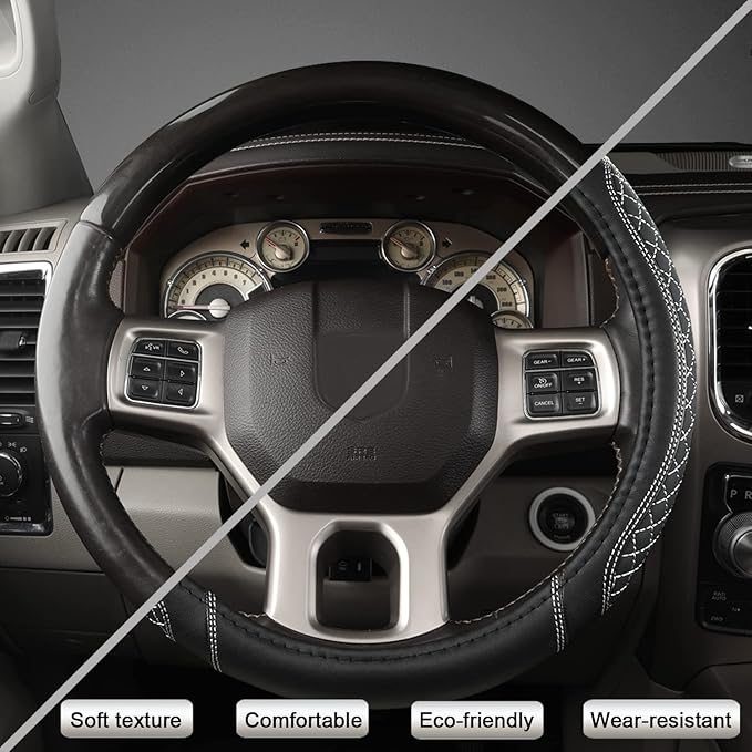 West Llama Customized Auto Car Steering Wheel Cover for Dodge 1989-2011 RAM 1500 2500 3500, Charger, Durango, Challenger(Diamond Quilted-Black+Gray-Standard Size)