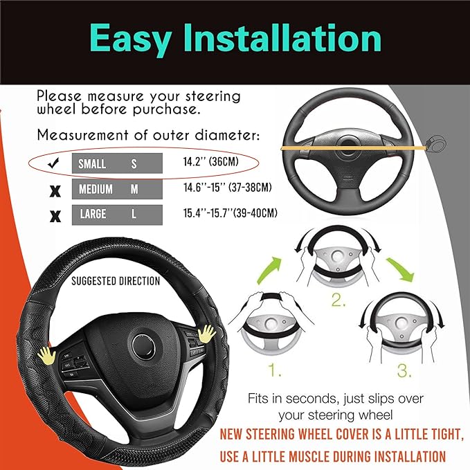 PINCTROT Small Size Steering Wheel Cover Great Grip with 3D Honeycomb Anti-Slip Design, 14 Inch (All Black)