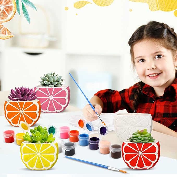 Pasimy 6 Set DIY Ceramic Succulent Planter Pots Paint Your Own Flower Pots Craft Kit Unpainted Bisque Paintable Flowerpot with Brush Palette Ready to Paint for Family Activity Gift(Orange)