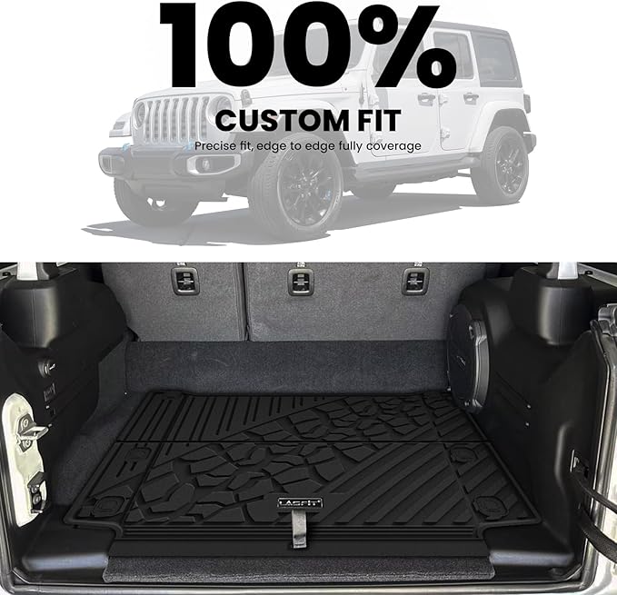 LASFIT Trunk Mat for Jeep Wrangler Unlimited 4XE 2021-2024 2025 4 Door with Subwoofer, Plug-in Hybrid EV-Gas (PHEV), All Weather TPE Custom Fit Cargo Mat Trunk Liner Cargo Liner, Black