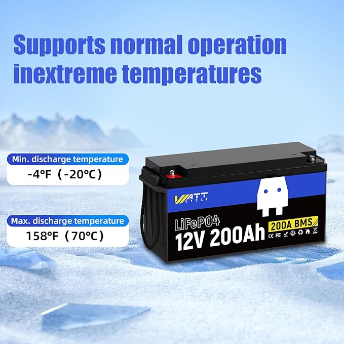 WattCycle 12.8V 200Ah LiFePO4 Lithium Battery 1 Pack - 15000+ Cycle Life, Integrated 200A BMS, Extreme Temperature Resilience - Perfect for RV, Camping, and Home Energy Storage.
