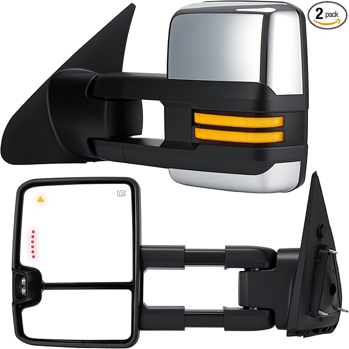Tow Mirrors Compatible with 2007-2021 Tundra, 2008-2017 Sequoia, Extended Trailer Towing Side Mirrors with Blind Spot Monitoring, Sequential Switchback Turn Signal, Power Heated, Chrome